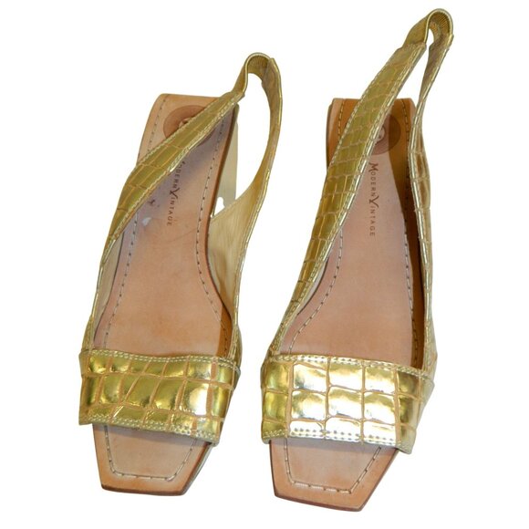 Size 7 Modern Vintage Gold Croc-Embossed Wedge Slingback Sandals Size 37.5 - Picture 2 of 11